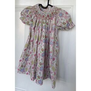 Petit Ami Paisley Pastels Smocked Pearl Trim Collar Scalloped 4T Long Dress